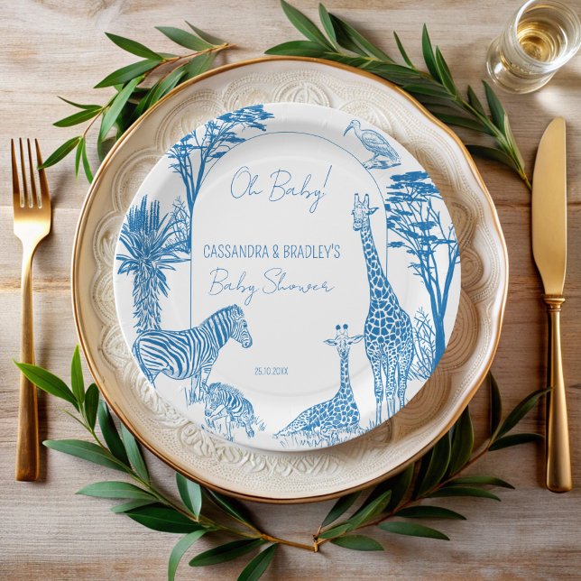 Safari blue toile giraffe baby shower monogrammed paper plate (Safari blue toile de jouy giraffe African animals baby shower monogrammed personalized paper plates )