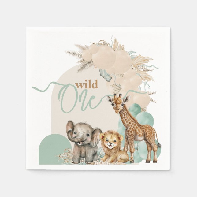 Safari Boho Balloon Boy 1st Birthday party Napkin (Front)