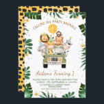 Safari Calling All Party Animal Birthday Invitation<br><div class="desc">Safari Calling All Party Animal Birthday Invitation 

Cute predominately green and yellow safari themed boys birthday invitation featuring a truck full of jungle animals,  some foliage,  a yellow balloon,  frangipani flowers and  a leopard fur pattern on the back.</div>