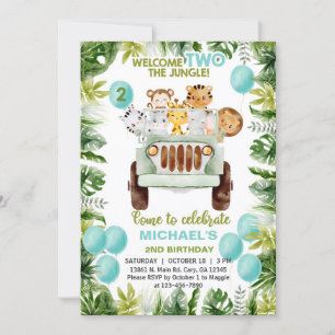 Safari car & animals boy 2nd birthday invite. invi invitation