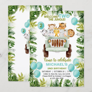 Safari car & animals boy 2nd birthday invite. invitation