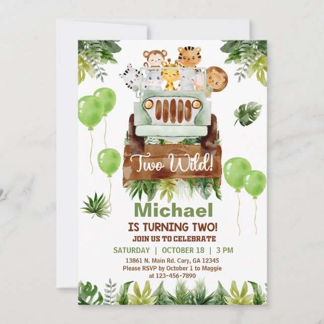 Safari car & animals boy 2nd birthday invite. invitation (Front)