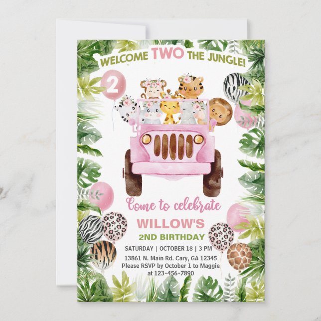 Safari car & animals girl 2nd birthday invite. invitation (Front)