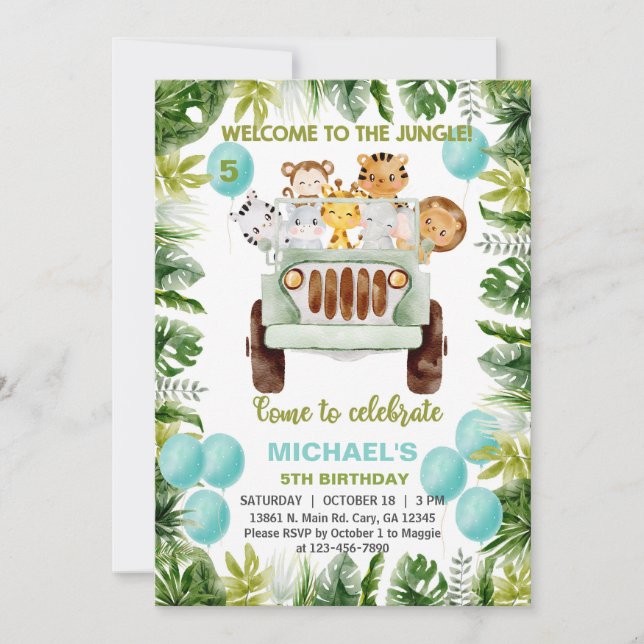 Safari car, balloons, animals boy birthday invite. invitation (Front)
