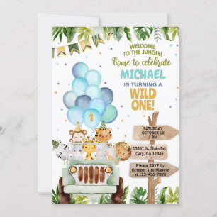 Safari car, balloons, jungle animals boy birthday. invitation