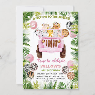 Safari car, pink car, animals girl birthday invite