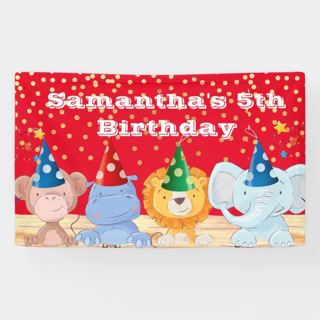 Safari cartoon animals party hats red birthday  banner (Horizontal)