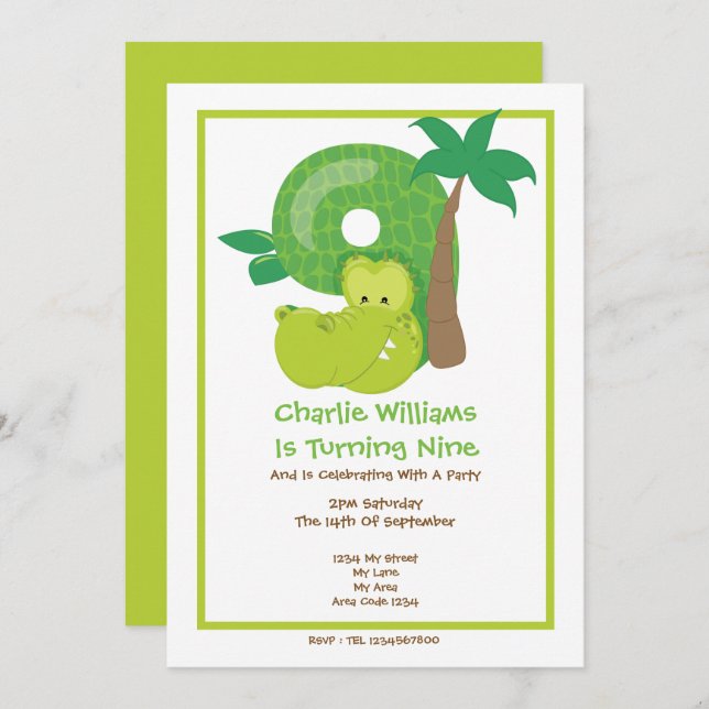 Safari Crocodile Ninth Birthday Party Invitation (Front/Back)