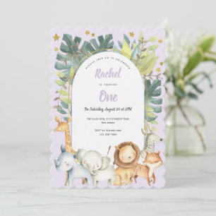Safari cute animals purple Girl first birthday Invitation