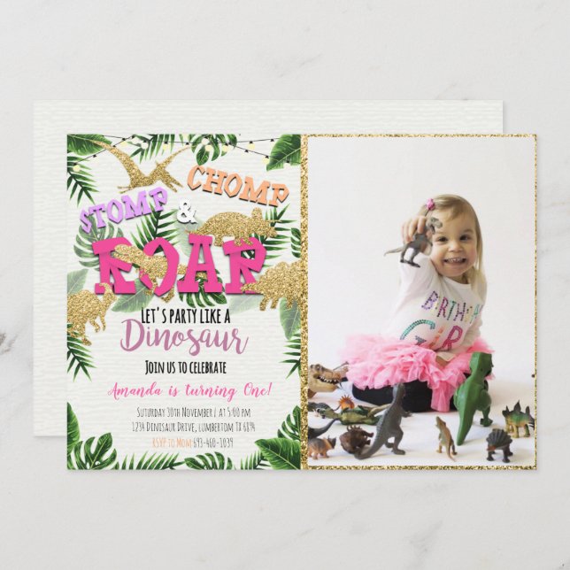 Safari Dinosaur Birthday Invitation With Photo (Front/Back)