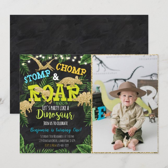Safari Dinosaur Birthday Invitation With Photo (Front/Back)