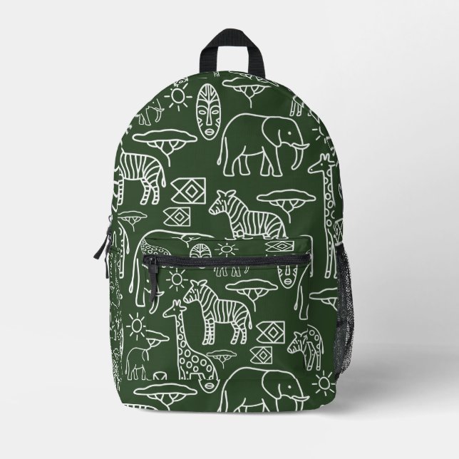 Safari Dreams – Hand-Drawn African Wildlife Patter Printed Backpack (Front)