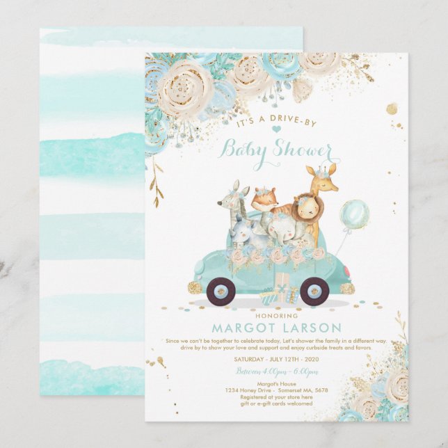 Safari Drive By Baby Shower Invitation Mint Floral (Front/Back)