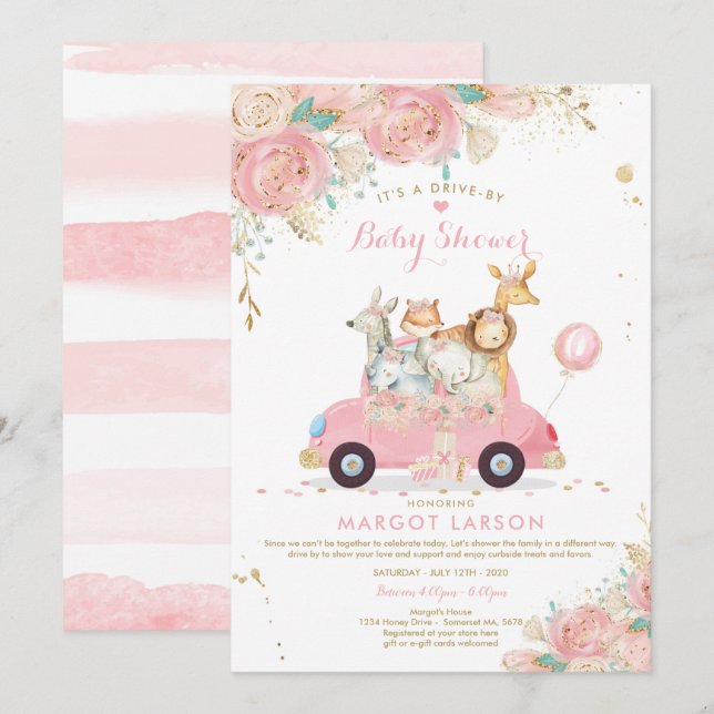 Safari Drive By Baby Shower Invitation Pink Floral (Front/Back)
