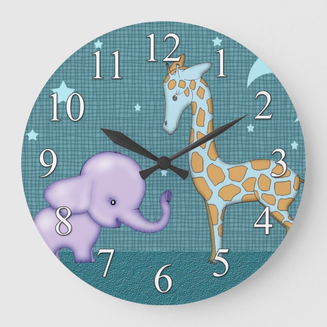 Safari Elephant and Giraffe Animals Kids Clock (Front)