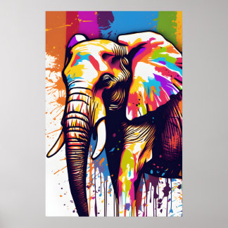 Safari Elephant Art, Rainbow Paint Splatter Wall  Poster