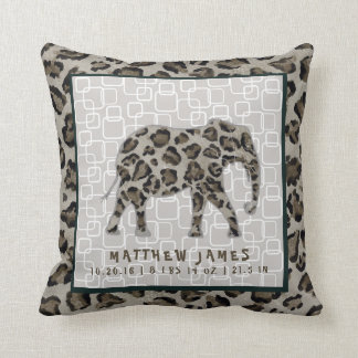 Safari Elephant Baby Boy Leopard Print Birth Stats Cushion