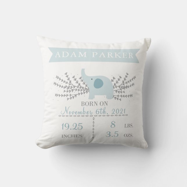 Safari Elephant Birth Announcement Stats Pillow (Front)
