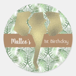 Safari Elephant Faux Gold Greenery Classic Round Sticker