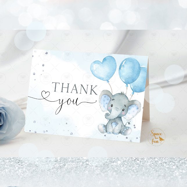 Safari Elephant Folded Thank You Card Baby shower  (elephant invitation,elephant boy baby shower,theme elephant,safari animals,balloons and elephant,bab)