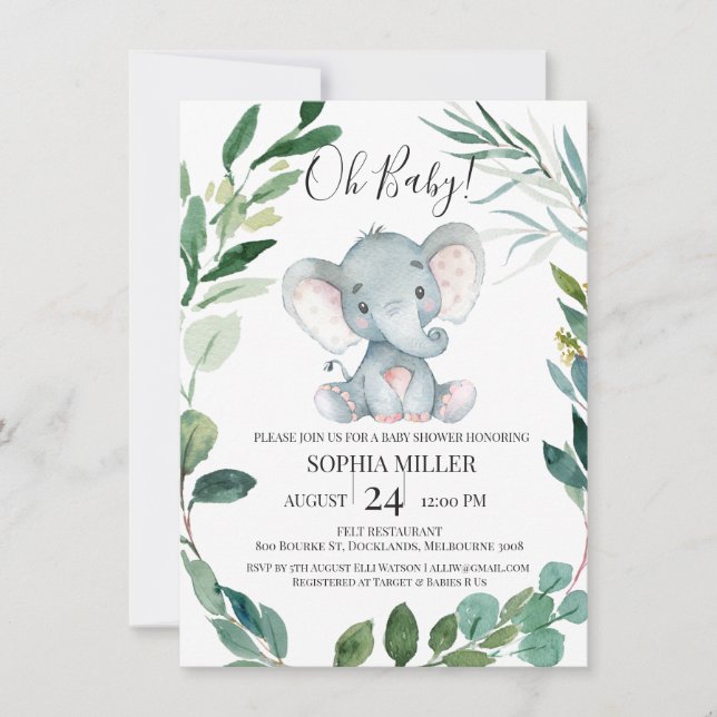 Safari Elephant Foliage Wreath Baby Shower Invitation (Front)