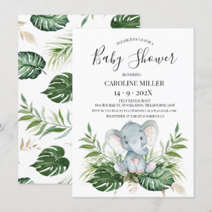 Safari Elephant Gold Green Foliage Baby Shower Invitation
