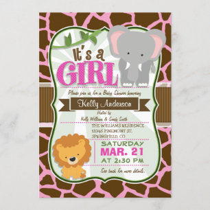Safari Elephant, Lion, Giraffe Print Baby Shower Invitation