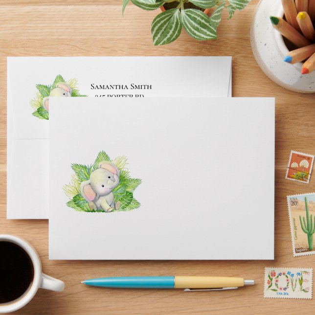 Safari Elephant Pink Baby Shower Envelope (Desk)