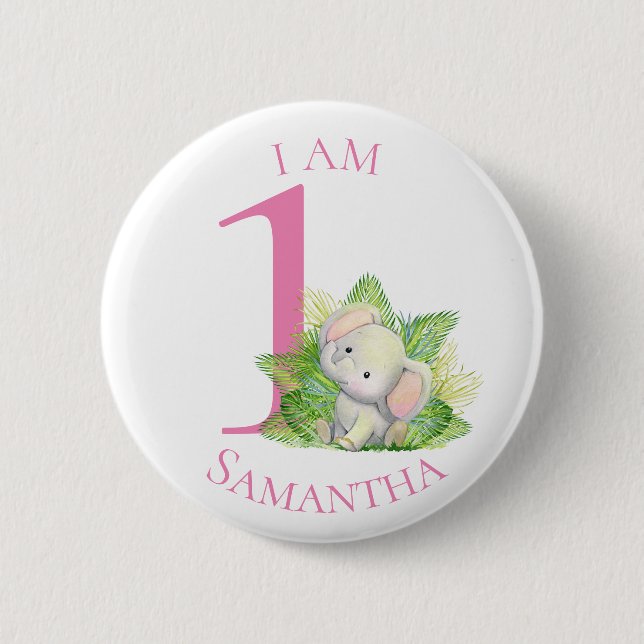 Safari Elephant pink BIRTHDAY Button (Front)