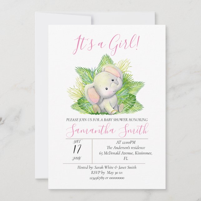Safari Elephant pink invitation (Front)