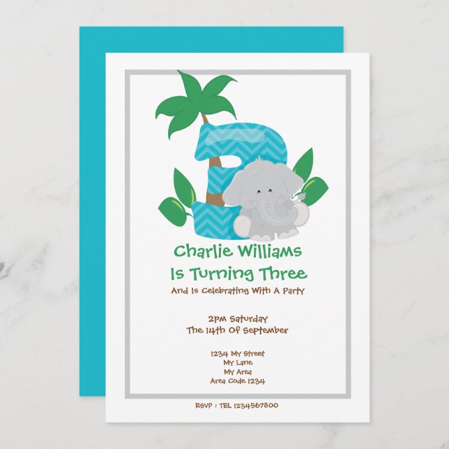 Safari Elephant Third Birthday Party Invitation (Front/Back)