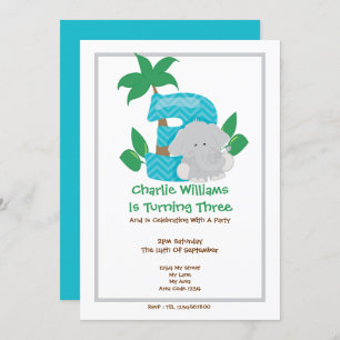 Safari Elephant Third Birthday Party Invitation