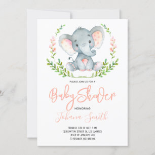 Safari Elephant Watercolor Girl Baby Shower Invitation