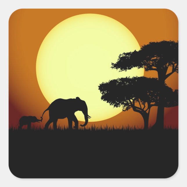 Safari elephants at sunset square sticker (Front)