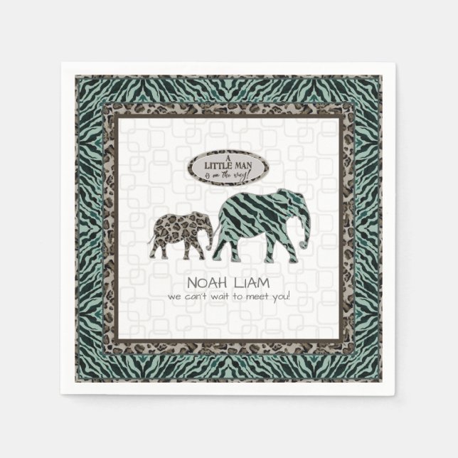  Safari Elephants Zebra Little Man Boy Baby Shower Napkin (Front)