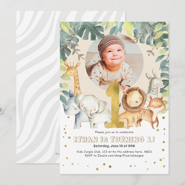 Safari first birthday invite jungle animals photo (Front/Back)