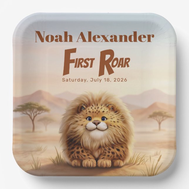 Safari First Roar Fluffy Leopard Birthday Party Paper Plate (Front)