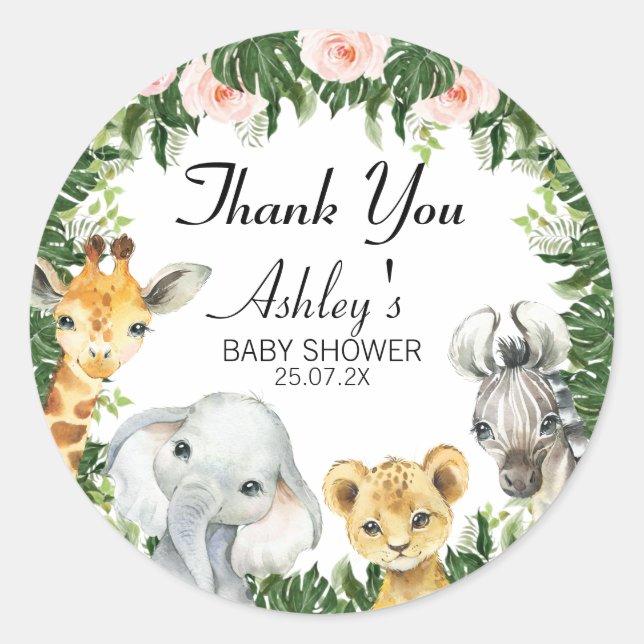 Safari Floral Foliage Baby Shower Favour Sticker (Front)