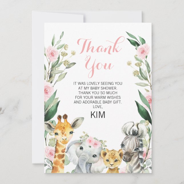 Safari Floral Wreath Baby Shower Thank You Card (Front)
