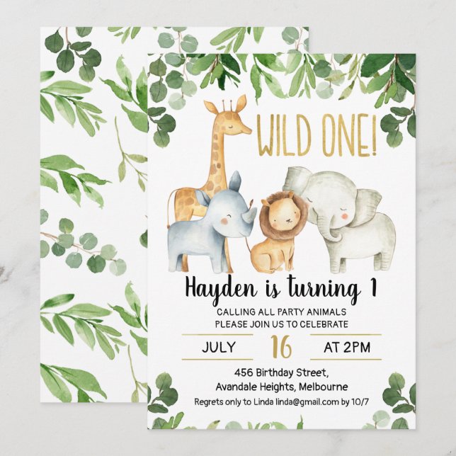 Safari Foliage Wild One 1st Birthday Invitation (Front/Back)