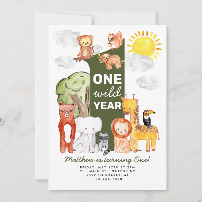 Safari Forest Animals ONE Wild Year Kids Birthday Invitation (Front)