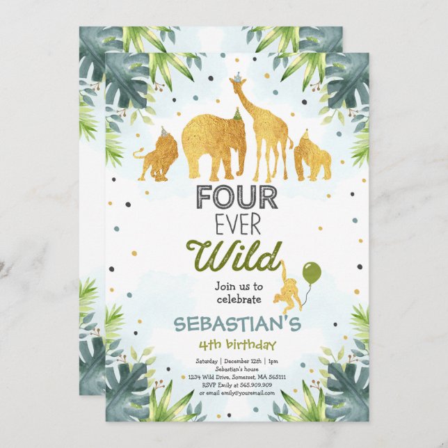 Safari Four Ever Wild Birthday Invitation Green (Front/Back)