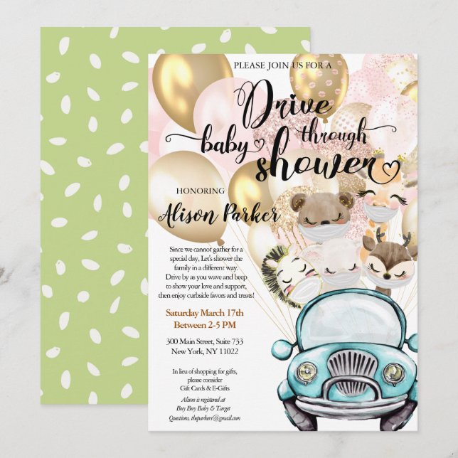 Safari Friends Gender Neutral Drive By Baby Shower Invitation (Front/Back)