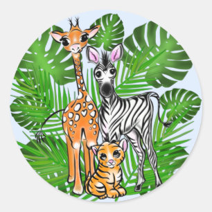 Safari friends, giraffe, zebra, tiger, palm leaves classic round sticker
