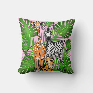 Safari friends, giraffe, zebra, tiger, palm leaves cushion