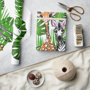 Safari friends, giraffe, zebra, tiger, palm leaves wrapping paper