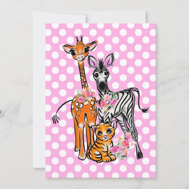 Safari friends giraffe zebra tiger pink polka  invitation (Front)