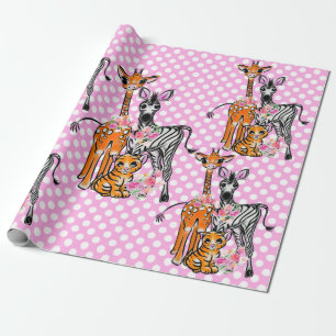 Safari friends, giraffe, zebra, tiger, pink polka  wrapping paper