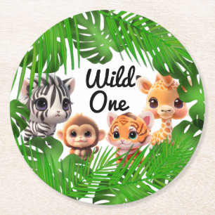 Safari friends tiger giraffe zebra monkey elephant round paper coaster
