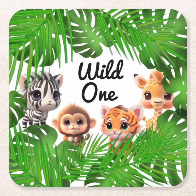 Safari friends tiger giraffe zebra monkey elephant square paper coaster (Front)